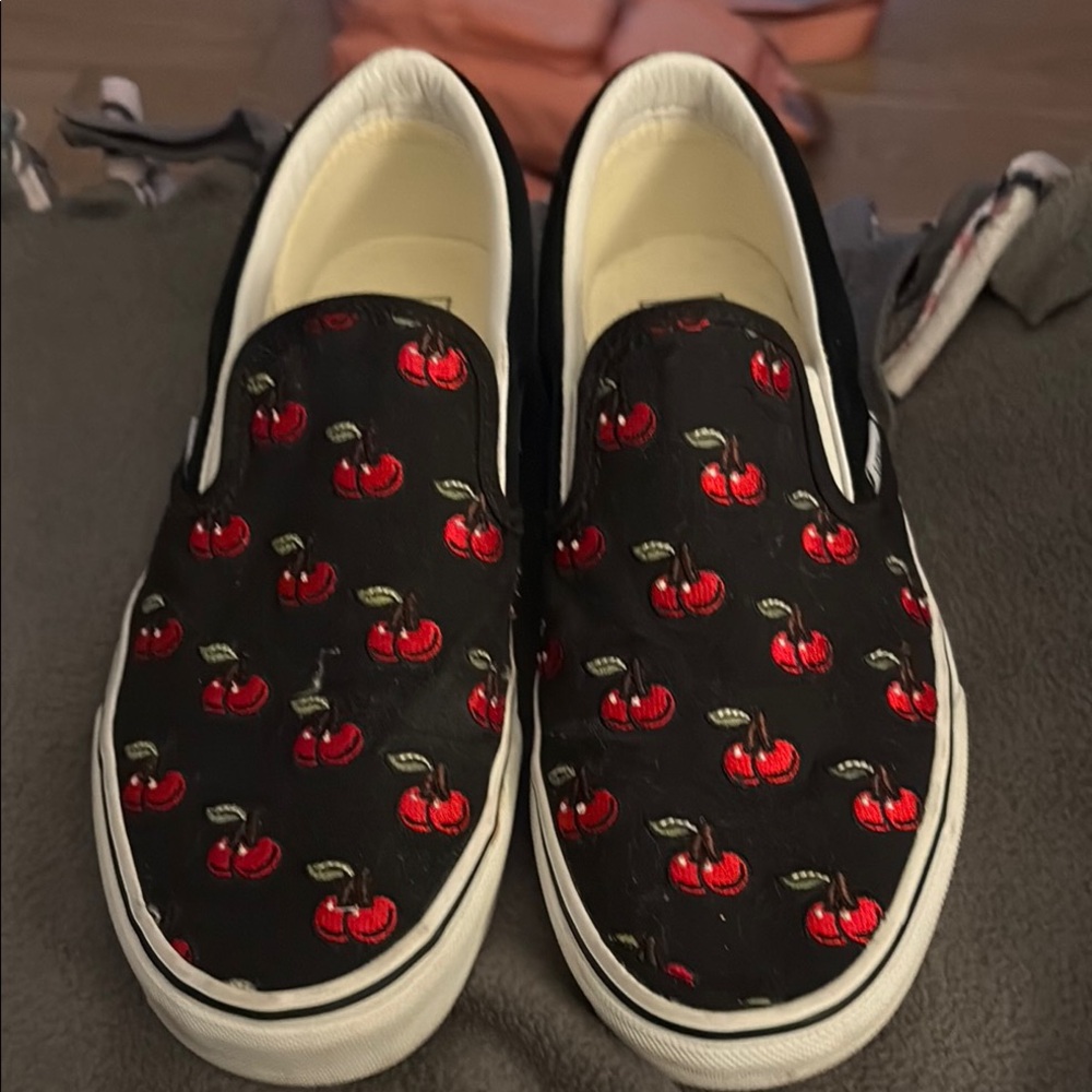 Vans Black and Red Cherry Pattern Sneakers